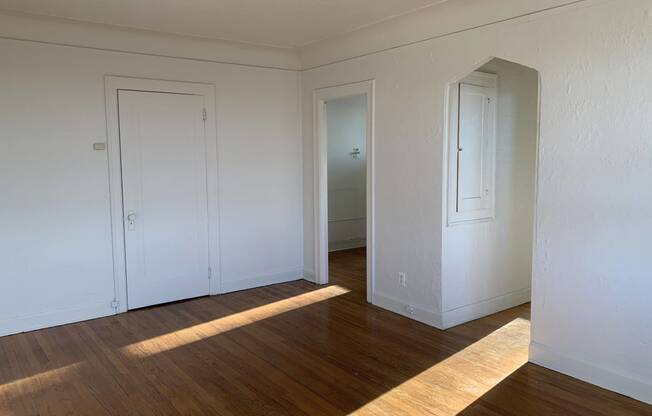 a bedroom with two closets and a wood floor