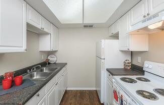 a kitchen with a stove sink and refrigerator