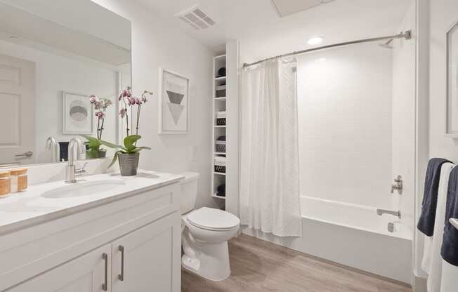 a bathroom with a shower and a sink and a toilet