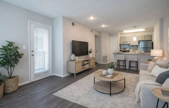 A living room with a flat screen TV, a coffee table, and a couch.