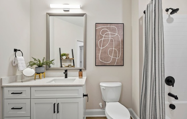 A bathroom with a white toilet, sink, and a mirror.