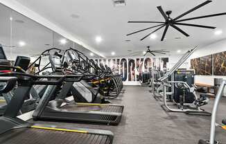 A gym with treadmills, exercise bikes, and other equipment.