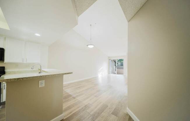 A kitchen with a counter and cabinets.