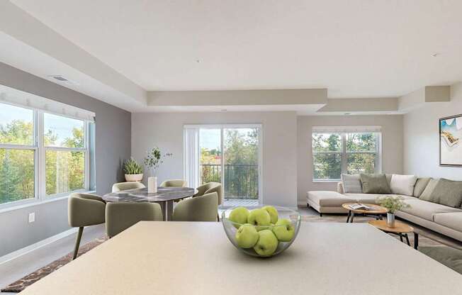 A dining table with a bowl of green apples on it.