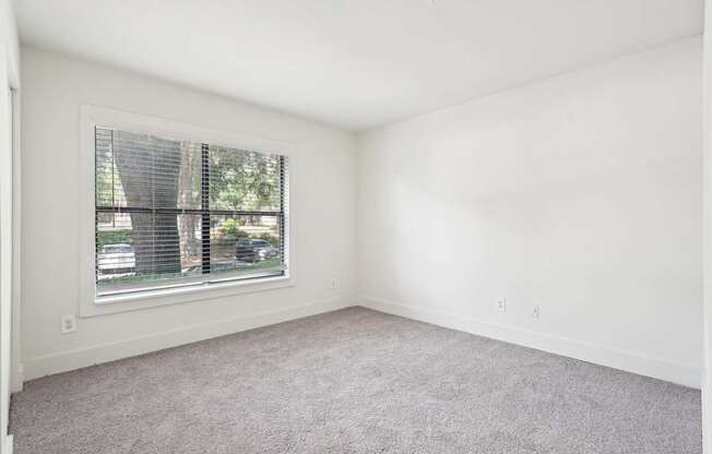 A spacious bedroom with a window and carpeted floor.