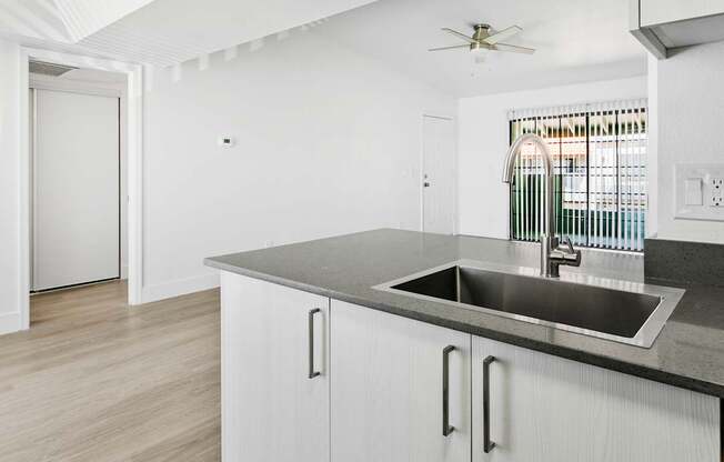 A modern kitchen with a sink and a ceiling fan.