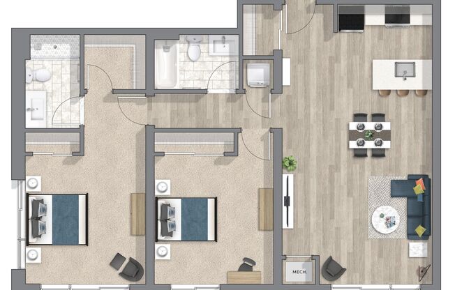 2 beds, 2 baths, 838 sqft, $2,200