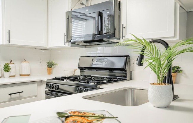 a kitchen with a sink and stove and a microwave