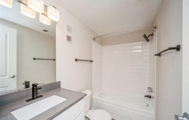 Bathroom with a sink and a toilet and a tub at Avery Park in Englewood, CO