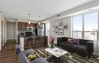 Living room and kitchen open concept at The Palmer, Minneapolis, MN
