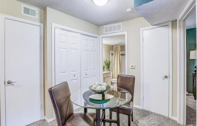Dining room at Trinity Square Apartments in North Dallas, TX, For Rent. Now leasing 1 and 2 bedroom apartments.