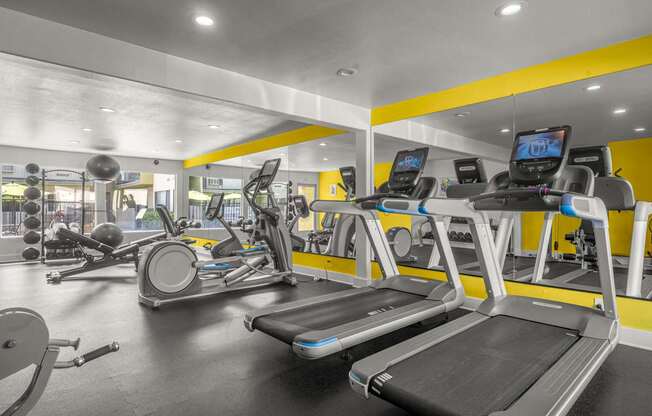 A gym with treadmills and other exercise equipment.