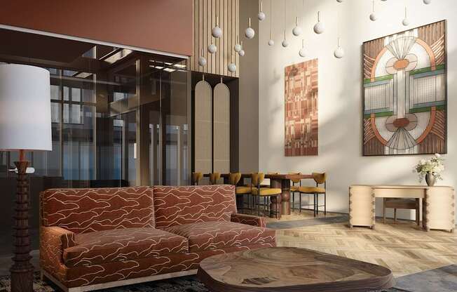 A living room with a brown sofa and a coffee table.