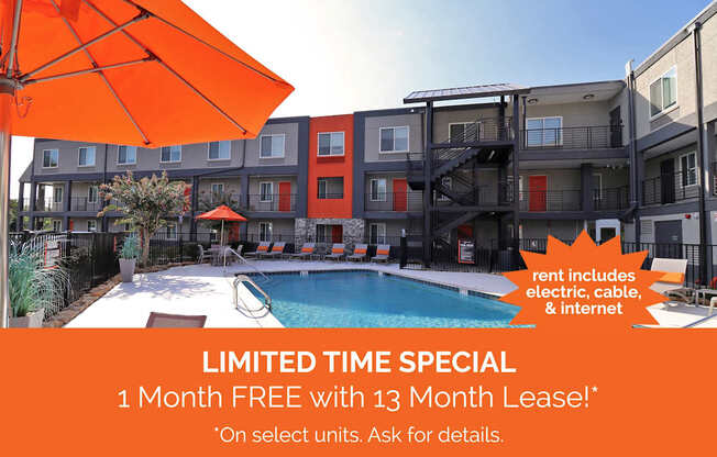 an image of a pool and an apartment building with an orange umbrella