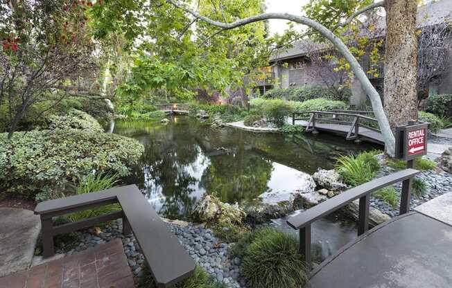 a garden with a pond and a bench