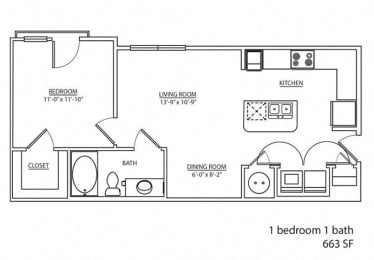 1 bed, 1 bath, 663 sqft, $1,301