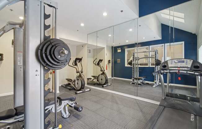 Gym with full length wall mirror at Woodmere Trace at Duluth, GA