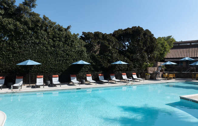 Swimming pool with chairs and umbrellas at a resort at Ascend2300, Carlsbad, CA