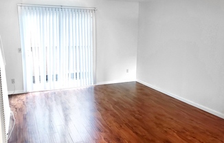 Empty living room interior with vinyl plank flooring and sliding door