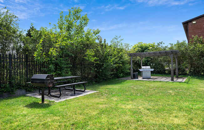 A picnic table is in the middle of a grassy area.