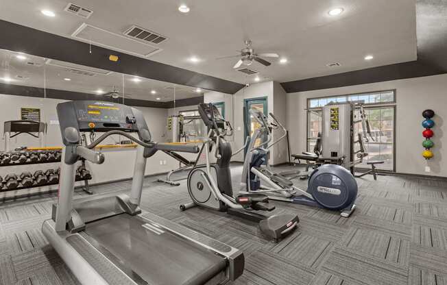 A gym with treadmills, exercise bikes, and other equipment.