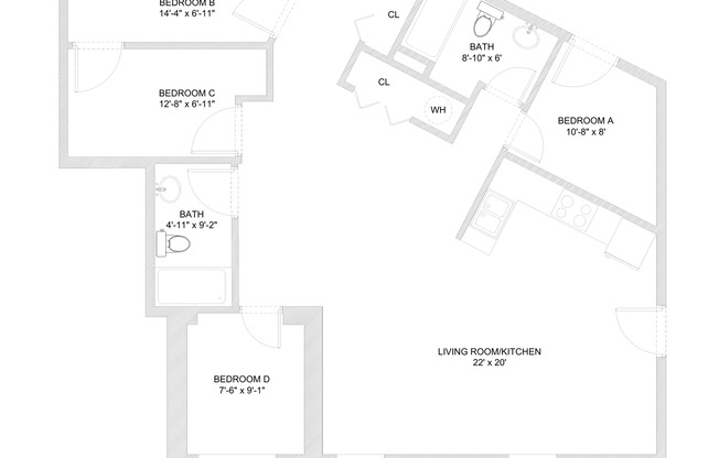 4 beds, 2 baths, 1,176 sqft, $795, Unit 103 BTB - B