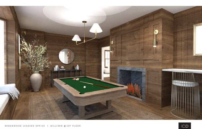 a billiards room with a fireplace and a pool table