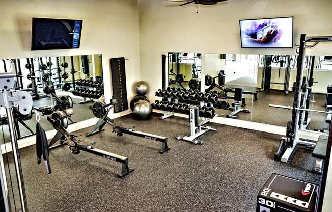 a fully equipped gym with weights and cardio equipment