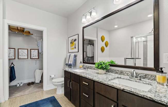 A bathroom with a sink, mirror, and toilet.