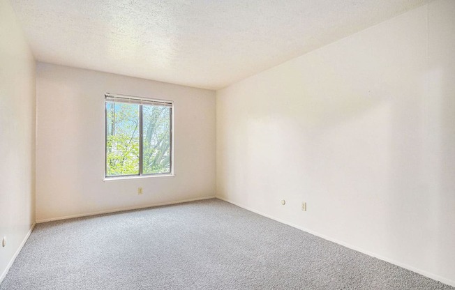 a bedroom with white walls and a window