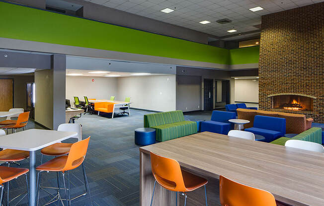 lobby with tables and tall chairs