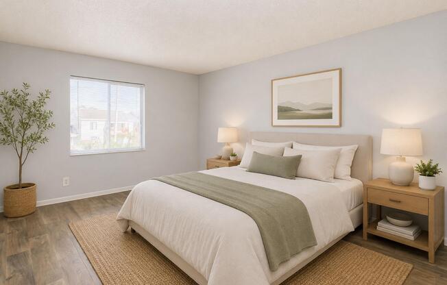 A modern, minimalist bedroom featuring a comfortable bed with white linens and a green throw blanket. Natural light streams in through a window, illuminating the space. Two bedside tables with lamps flank the bed, and a plant adds a touch of greenery. Soft, neutral tones create a serene atmosphere.