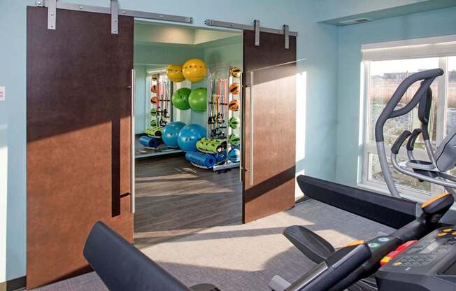 A gym with a treadmill, exercise balls and a mirror.