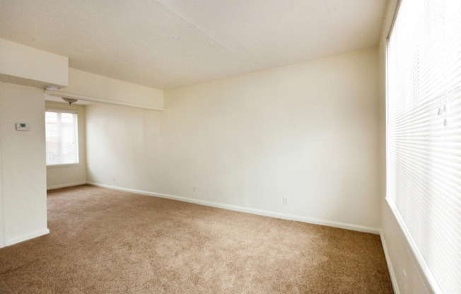 a bedroom with white walls and carpet