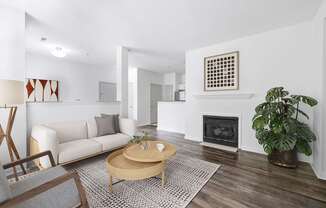A living room with a fireplace and a couch.