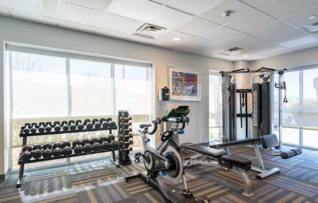 Chelsea Place gym with a row of dumbbells, a bench, a stationary bike, and a squat rack.