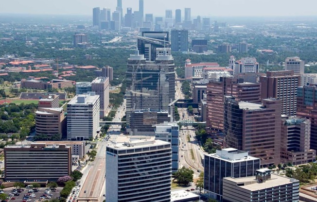 an aerial view Houston with skyscrapers