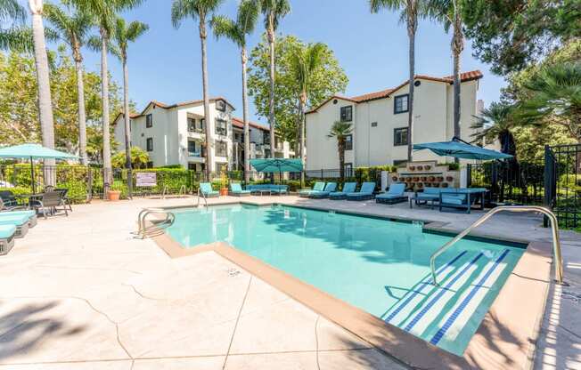 our apartments have a swimming pool with chairs and umbrellas