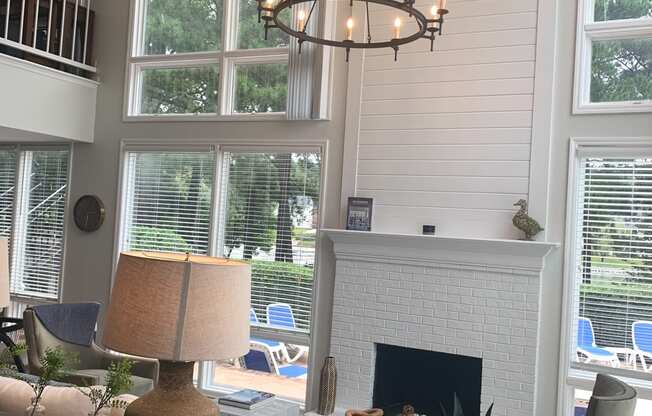 Leasing Office with Fire Place and Chandelier  at Huntington Apartments, North Carolina