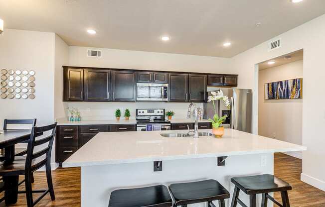 kitchen showcasing the quartz island and undermount sink