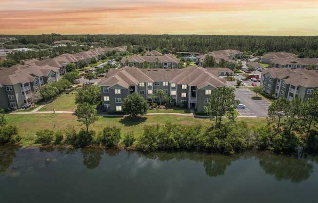 A bird's eye view of  Oakleaf Plantation apartments at dusk
