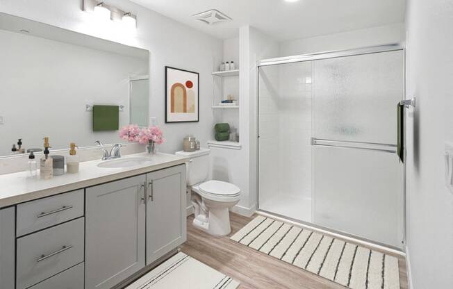 a bathroom with a shower and a sink and a toilet