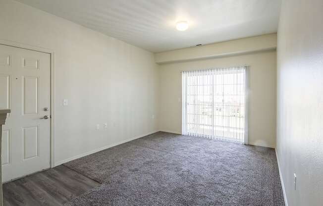 A room with a carpeted floor, a door, and a window with bars.