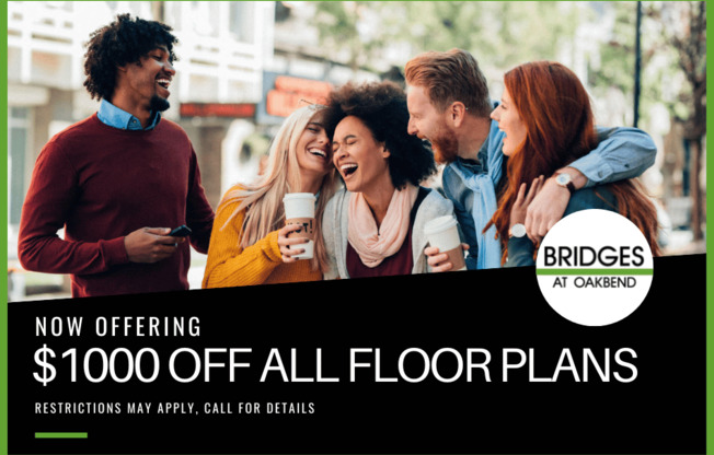 Get $1000 OFF at Bridges at Oakbend Apartments in Lewisville, TX. Restrictions apply, call for details.