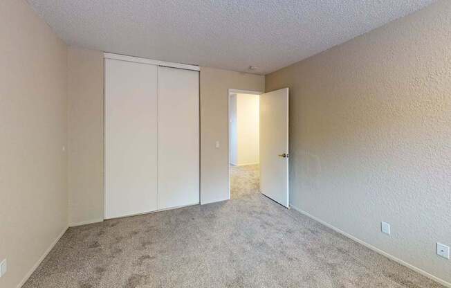 Two-bedroom apartment at Peak 88 Apartments Renton WA with cozy carpet flooring and white sliding closet doors.