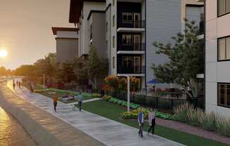 a rendering of people walking on a sidewalk next to a river