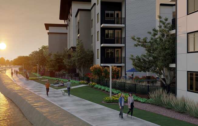 a rendering of people walking on a sidewalk next to a river