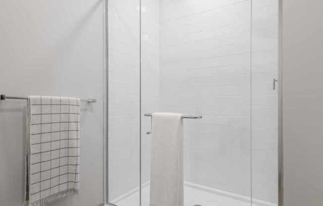 a bathroom with a shower and a towel rack