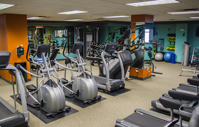 a room filled with cardio equipment and weights