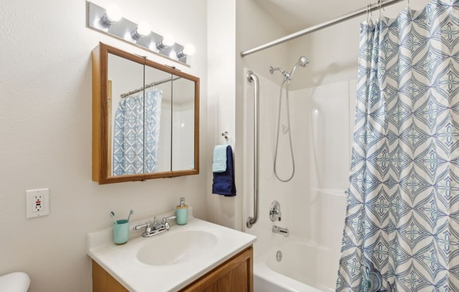 a bathroom with a shower and a sink and a mirror